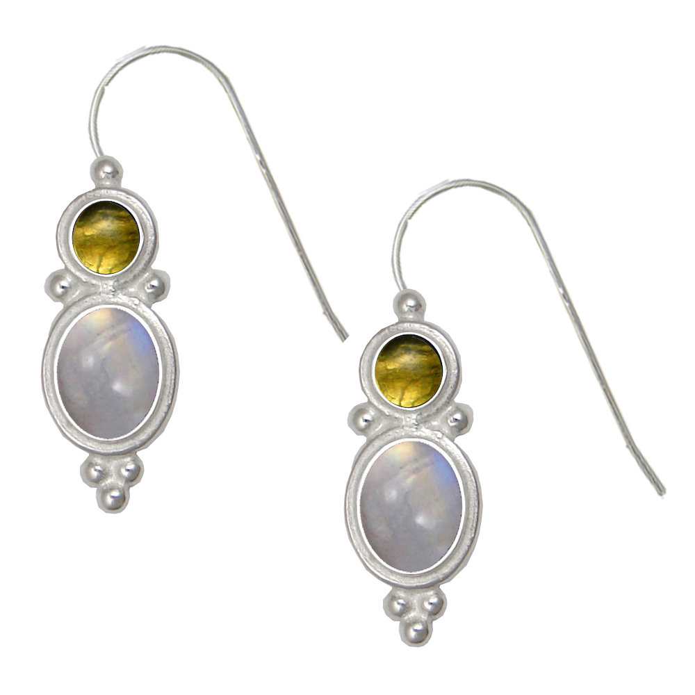 Sterling Silver Drop Dangle Earrings Rainbow Moonstone And Citrine